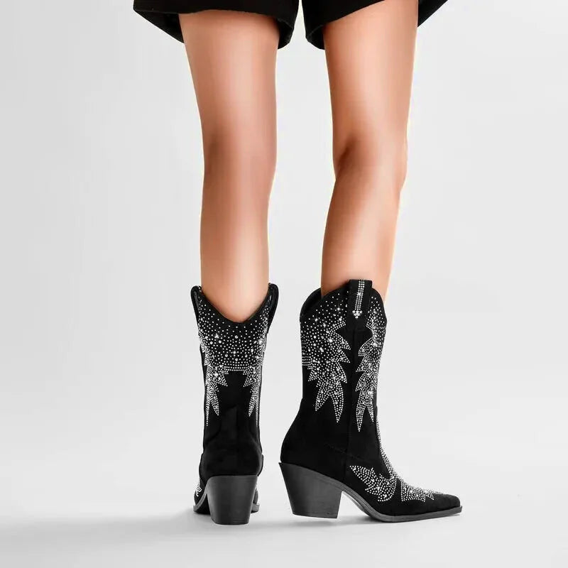 Bottines santiags pour femme Yehaw BESSIE en cuir noir, avec talon et détails traditionnels, taille 36.