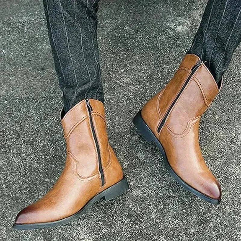 Chaussures santiags pour homme Yehaw Santiag marron clair en cuir, avec détails en cuir marron clair, vue de profil