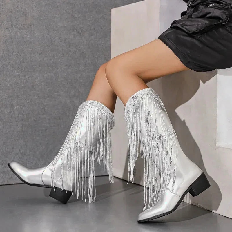 Chaussures santiag pour femme Yehaw Tammie en argent, cuir élégant avec détails sophistiqués, pointure 34.