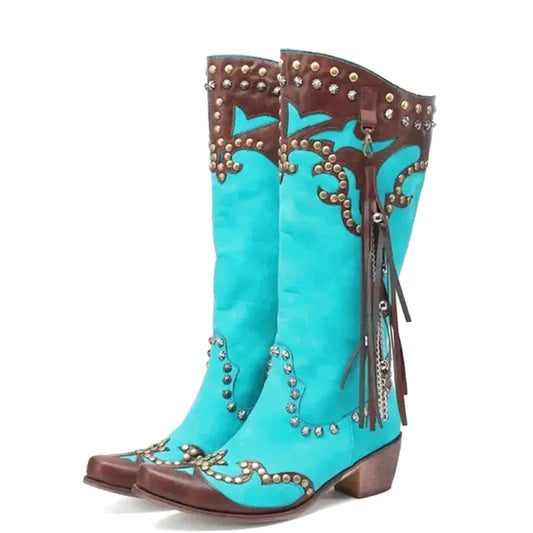 Botas vaqueras pour femme Yehaw ADELA en turquoise, en cuir avec détails traditionnels, style western moderne.