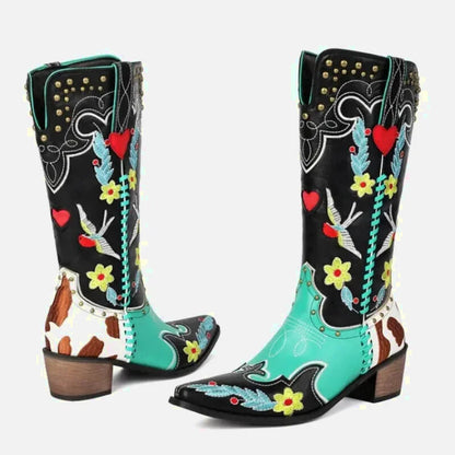 Chaussures santiag pour femme Yehaw Adelaide en multicolore, vue de face, en cuir avec détails colorés et semelle solide.