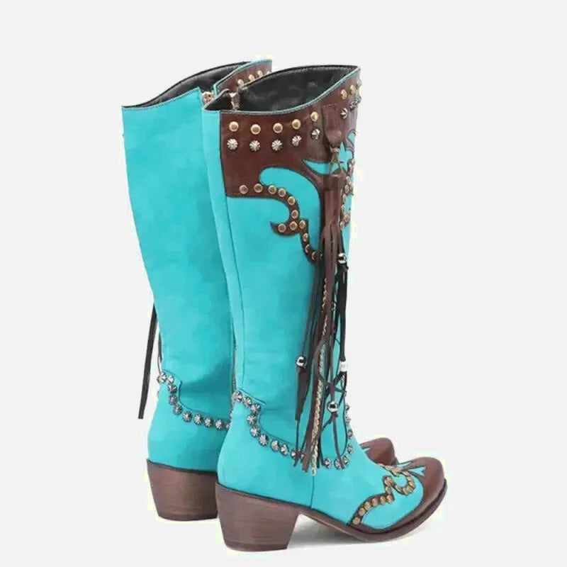 Chaussures santiag pour femme Yehaw Adele en turquoise, en cuir avec détails stylés et semelle résistante.