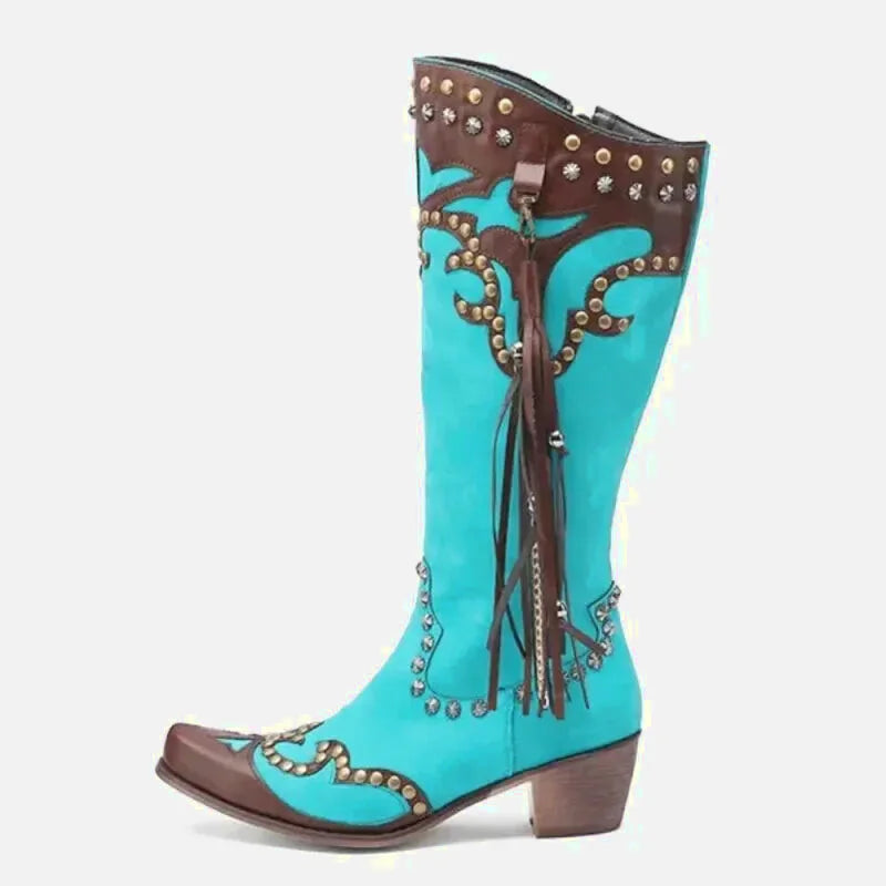 Chaussures santiag pour femme Yehaw Adele Santiag en turquoise, design élégant et confortable, vue de face sur fond blanc.