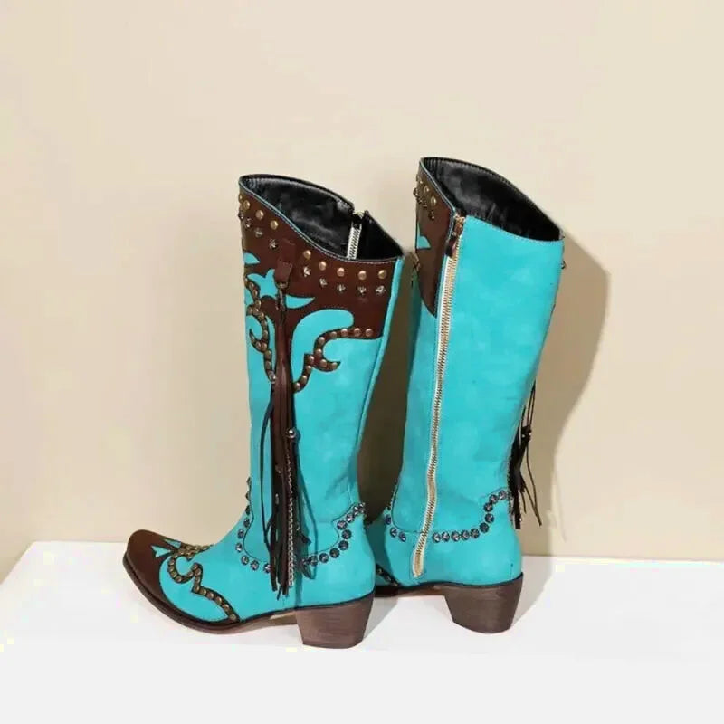 Sandales pour femme Yehaw Adele Santiag turquoise, en cuir, avec détails élégants et semelle confortable.