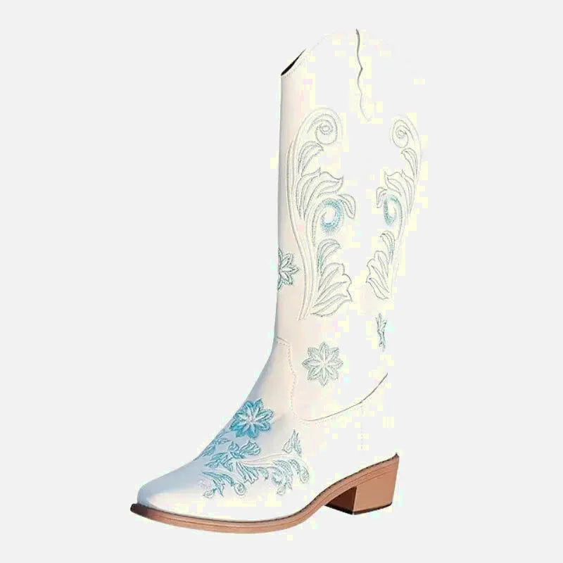 Chaussures santiag pour femme Yehaw Adriana en blanc, avec détails en cuir et talon, visibles sur l'image.