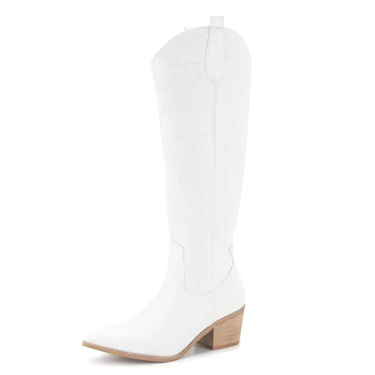 Botas vaqueras pour femme Yehaw Alicia en blanc, avec talon et design en cuir, vue de côté.