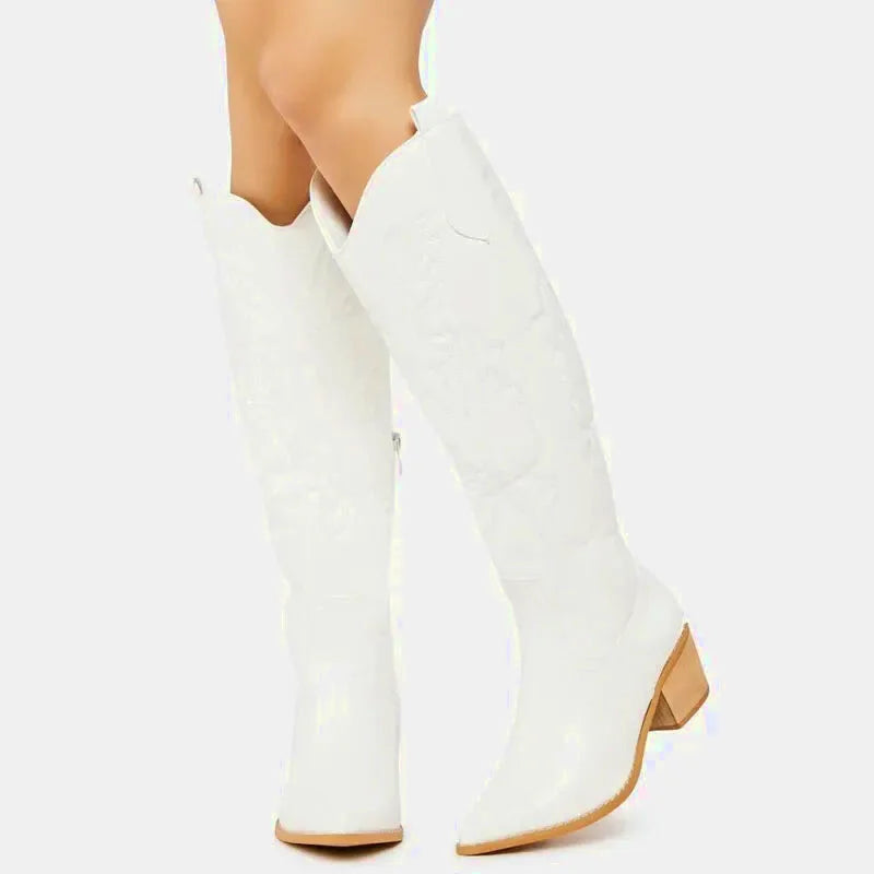 Bottes santiag pour femme Yehaw Alicia en blanc, en cuir, avec talon moyen et design élégant.