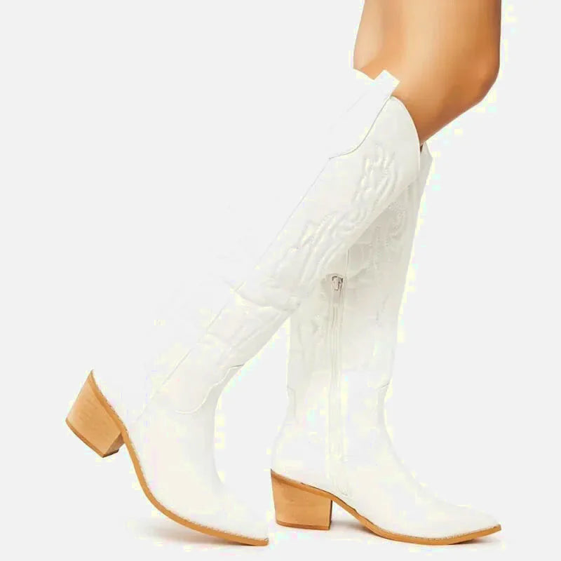 Santiags pour femme Yehaw Alicia en blanc, chaussures en cuir avec talon moyen, style élégant et décontracté.