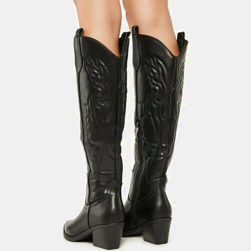 Santiag pour femme Yehaw Alicia noir en cuir avec talon moyen, style élégant et moderne, vue de profil sur fond blanc.