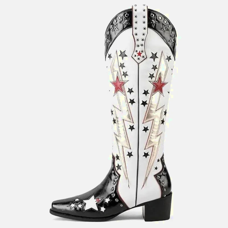Chaussures santiag pour femme Amanda de la marque Yehaw en noir et blanc, avec design élégant et détails en cuir.