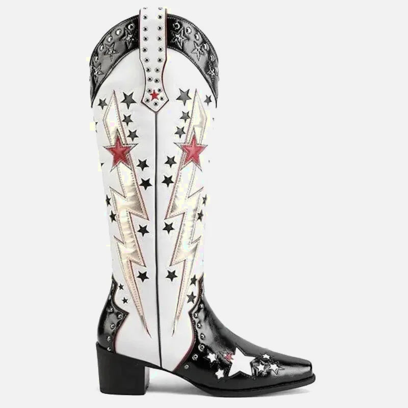 Chaussures santiag pour femme Yehaw Amanda en noir et blanc, avec design élégant et détails sophistiqués.