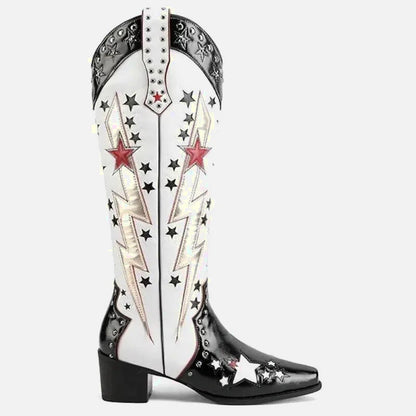 Chaussures santiag pour femme Yehaw Amanda en noir et blanc, avec design élégant et détails sophistiqués.