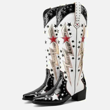 Chaussures santiags pour femme Amanda de la marque Yehaw, en noir et blanc, avec design élégant et détails modernes.