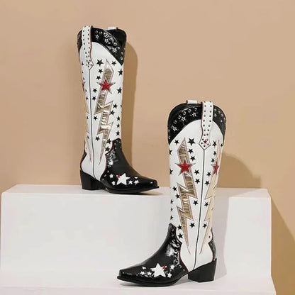 Sandales santiag pour femme Yehaw Amanda en noir et blanc, avec talons et design élégant visible sur l'image.