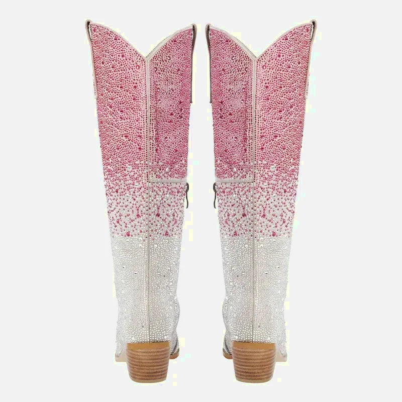 Chaussures santiag pour femme Yehaw Amour en rose et argent, avec détails élégants et style tendance.