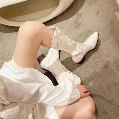 Chaussures santiags pour femme Yehaw beige, style élégant, en cuir, avec détails brodés, pointure 35.