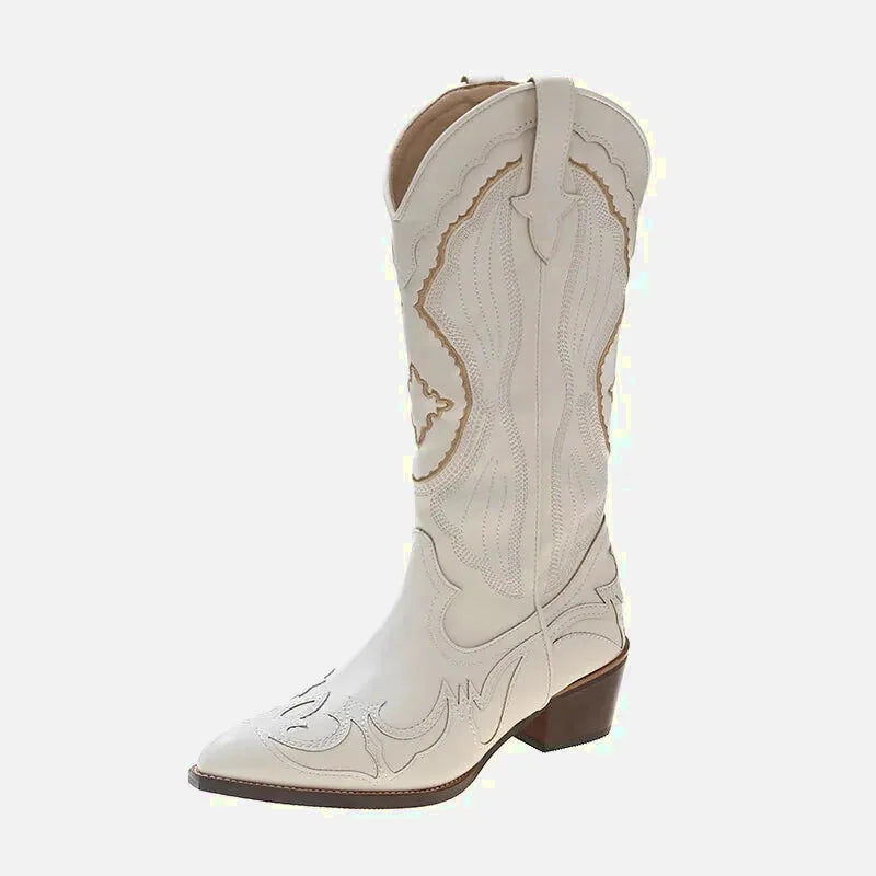 Chaussures santiag pour femme Yehaw Anais en beige, avec détails en cuir et semelle solide, vue de côté.