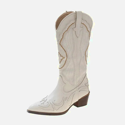 Chaussures santiag pour femme Yehaw Anais en beige, avec détails en cuir et semelle solide, vue de côté.