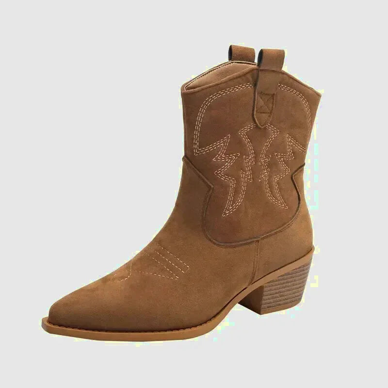 Bottes santiag pour femme Yehaw Aurore en marron, en cuir avec talon, style western élégant et confortable.