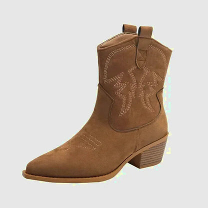 Bottes santiag pour femme Yehaw Aurore en marron, en cuir avec talon, style western élégant et confortable.