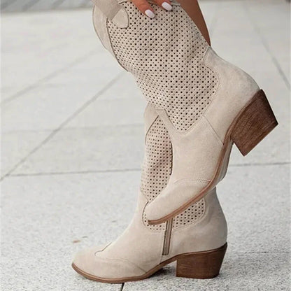Chaussures Santiag pour femme Yehaw beige, modèle Barb, en cuir avec détails élégants et semelle en caoutchouc.