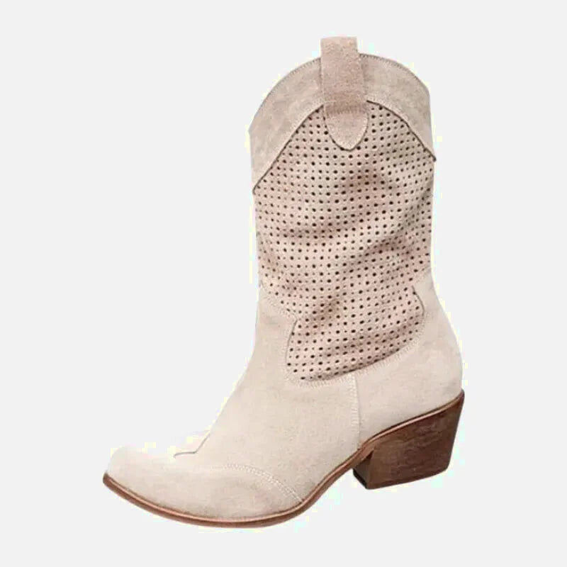 Chaussures Santiag pour femme Yehaw beige, talon moyen, en cuir, avec détails de style western visible sur l'image.