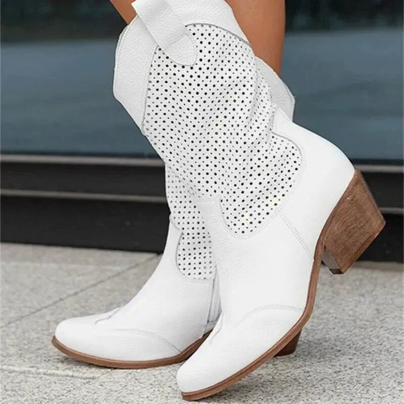 Chaussures femme Santiag Yehaw blanc, bottines en cuir avec détails en relief, style élégant et moderne, pointure 35.