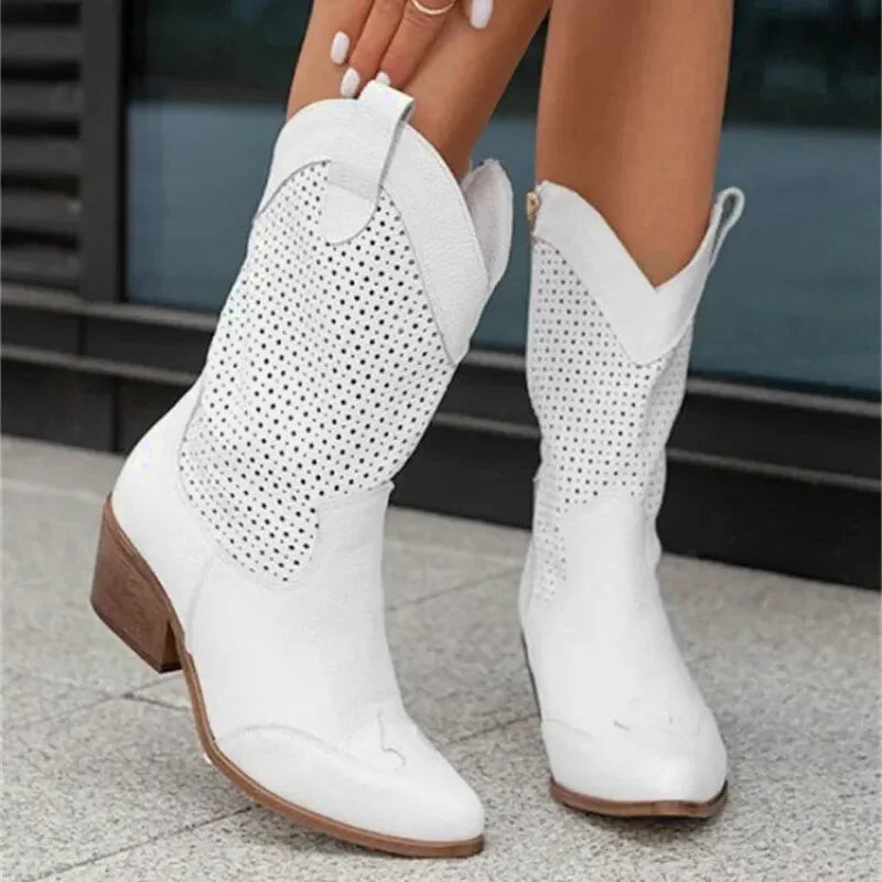 Chaussures Santiag pour femme Yehaw, blanc, avec détails en cuir, style élégant et moderne, pointure 35,5.
