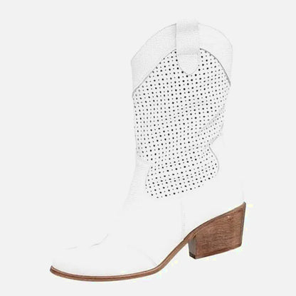 Chaussures santiags pour femme Yehaw blanc, détails en cuir, semelle solide, style élégant et tendance.