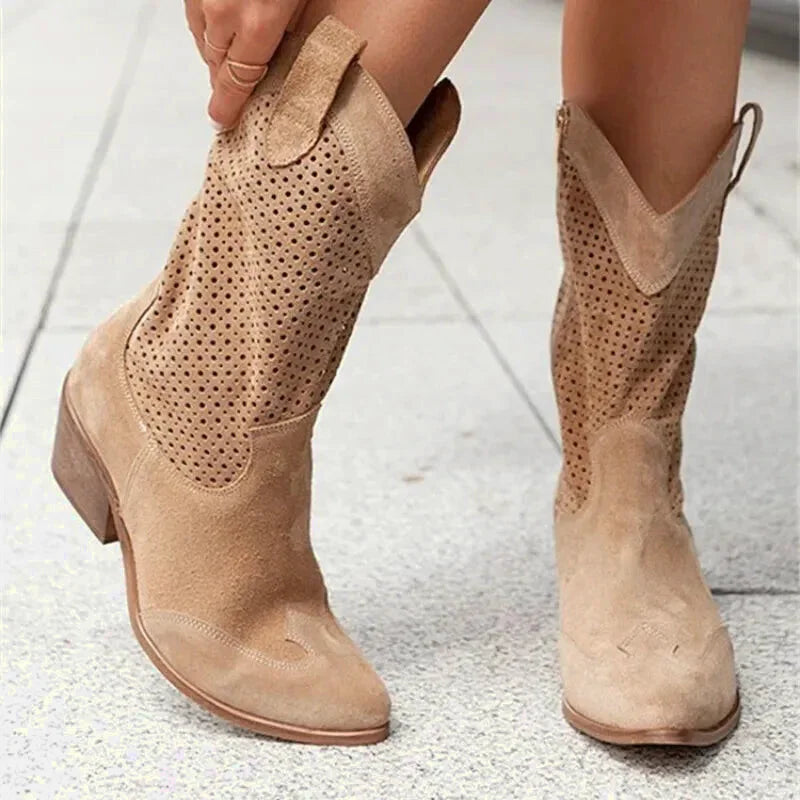 Chaussures femme Yehaw Santiag marron clair, style élégant avec détails en cuir et talon confortable.
