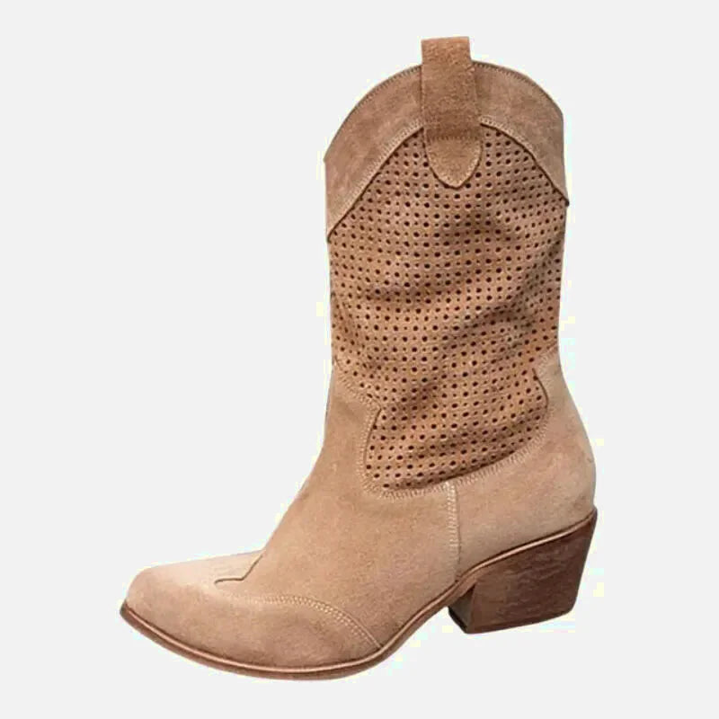 Chaussures barb Santiag pour femme Yehaw en marron clair, bottines en cuir avec talon et détails élégants.