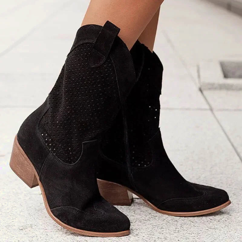 Bottes santiags pour femme Yehaw noires en cuir avec détails traditionnels, pointure 35.