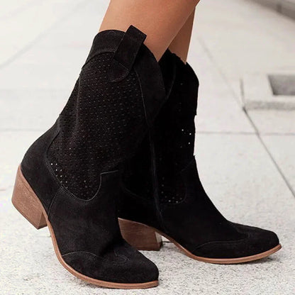 Bottes santiags pour femme Yehaw noires en cuir avec détails traditionnels, pointure 35.