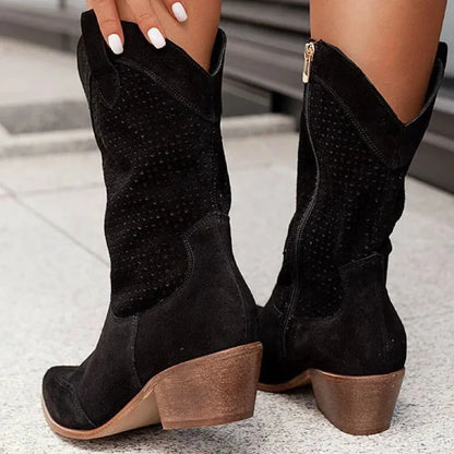 Chaussures femme Yehaw Barb Santiag noires en cuir, style élégant avec semelle en caoutchouc, vue de face.