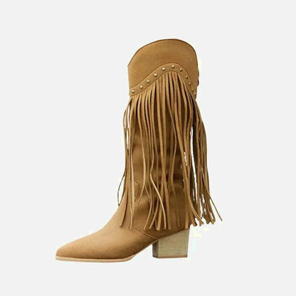 Chaussures santiags pour femme Yehaw Bella en marron, style western avec talon et détails en cuir authentique.