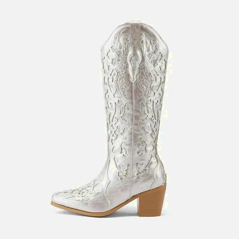 Bottes santiags pour femme Yehaw Bernarda en argent, détail en cuir, style western élégant, pointure 34.