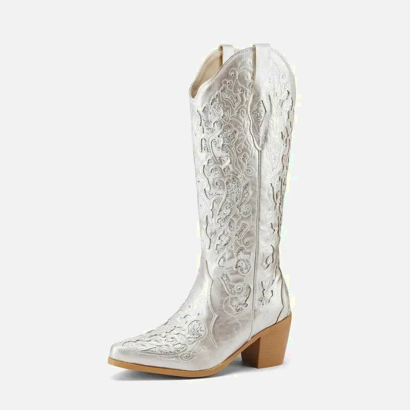 Santiags pour femme Yehaw Bernarda en argent, chaussures en cuir avec semelle robuste et design élégant.