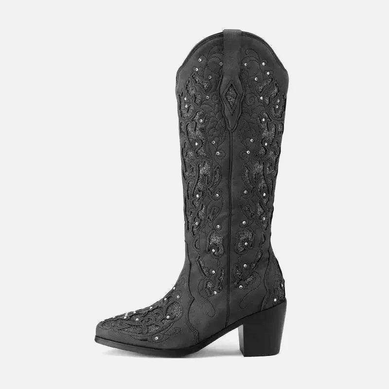 Chaussures santiags pour femme Yehaw Bernarda en cuir noir avec décorations traditionnelles, pointure 34.