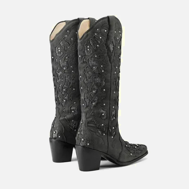 Santiags pour femme Yehaw Bernarda en cuir noir, avec détails élégants et talon moyen, parfaits pour un style sophistiqué.