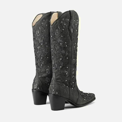 Santiags pour femme Yehaw Bernarda en cuir noir, avec détails élégants et talon moyen, parfaits pour un style sophistiqué.