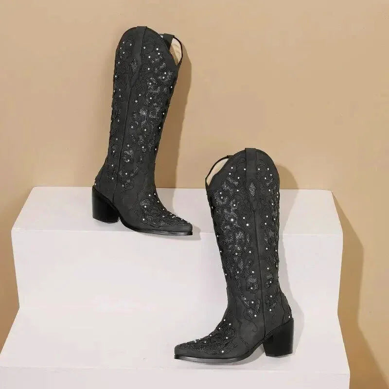 Santiag pour femme Yehaw Bernarda noir, chaussure élégante en cuir avec semelle robuste, taille 34.