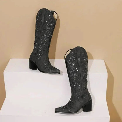 Santiag pour femme Yehaw Bernarda noir, chaussure élégante en cuir avec semelle robuste, taille 34.