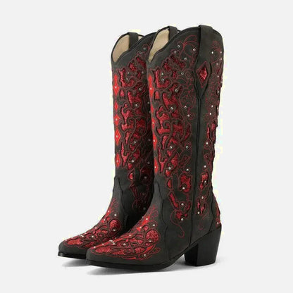 Chaussures santiag pour femme Yehaw Bernarda en rouge et noir, style élégant et tendance visible dans l'image.