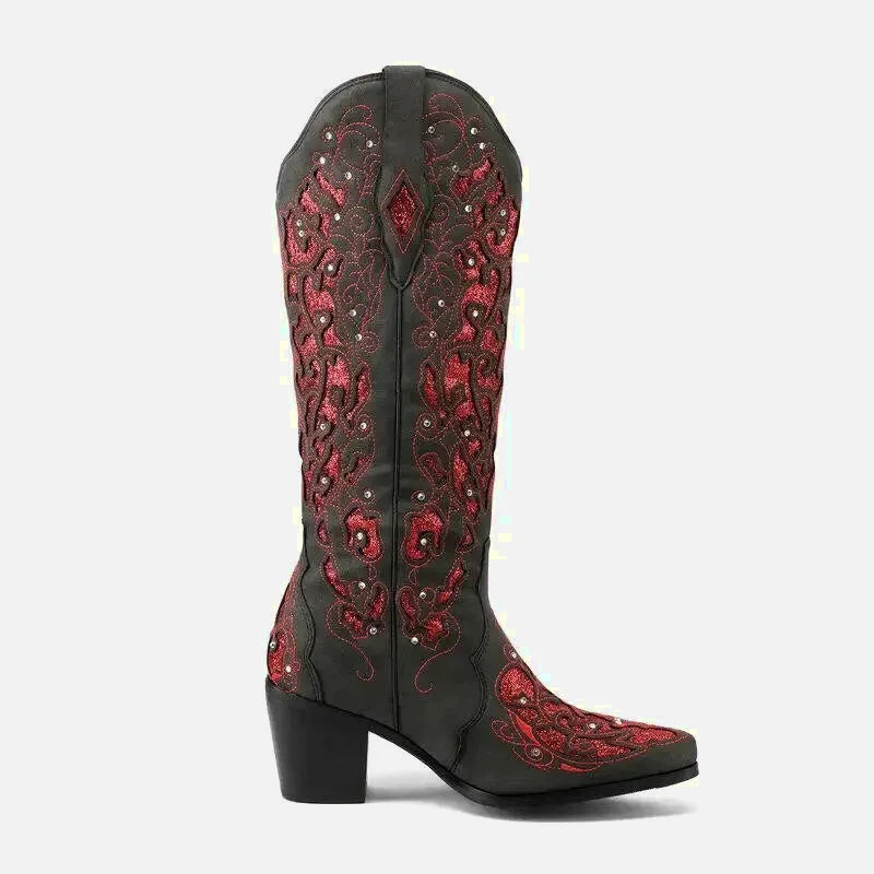 Santiags pour femme Yehaw Bernarda en rouge et noir, chaussures en cuir avec détails élégants.