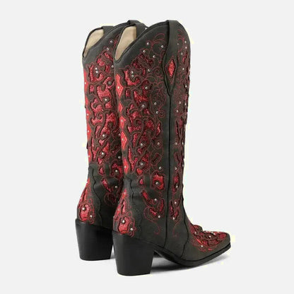 Chaussures santiag pour femme Yehaw Bernarda en rouge et noir, avec détails élégants et semelle en cuir.
