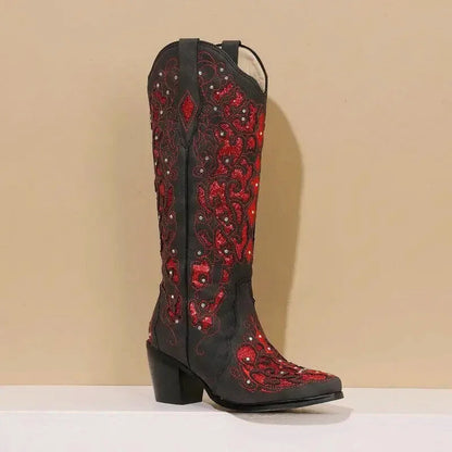 Chaussures santiags pour femme Yehaw Bernarda en rouge et noir, finition élégante et style authentique.