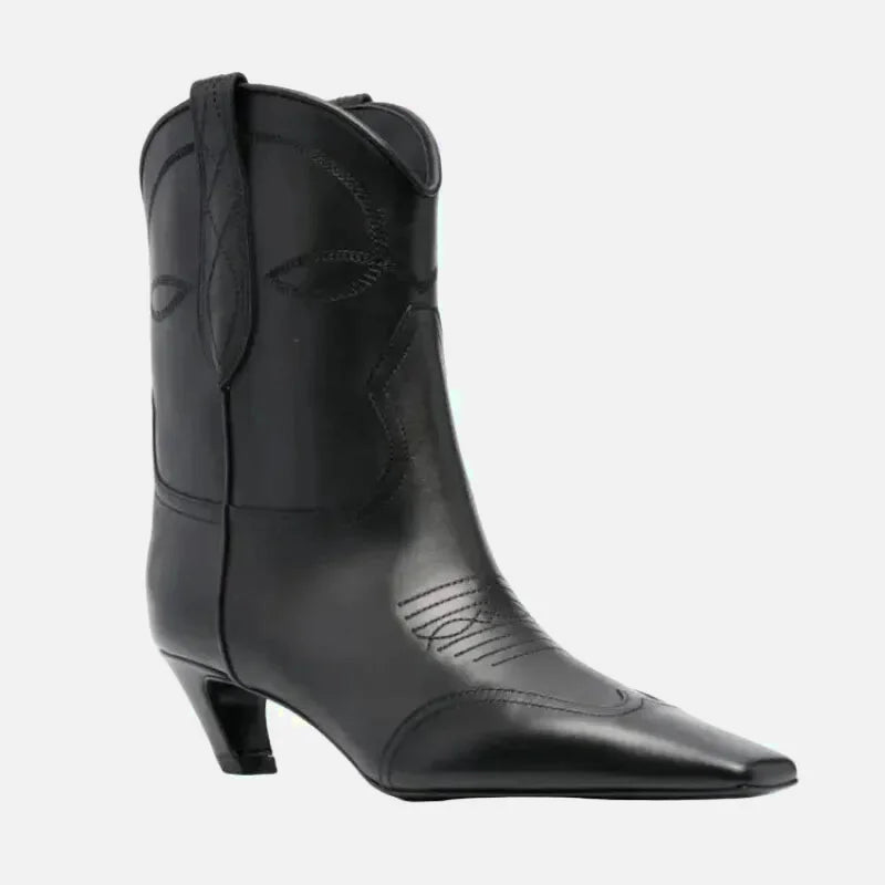BERTA Santiag pour femme Yehaw en noir, chaussure élégante avec talon moyen et finition en cuir, vue de face.