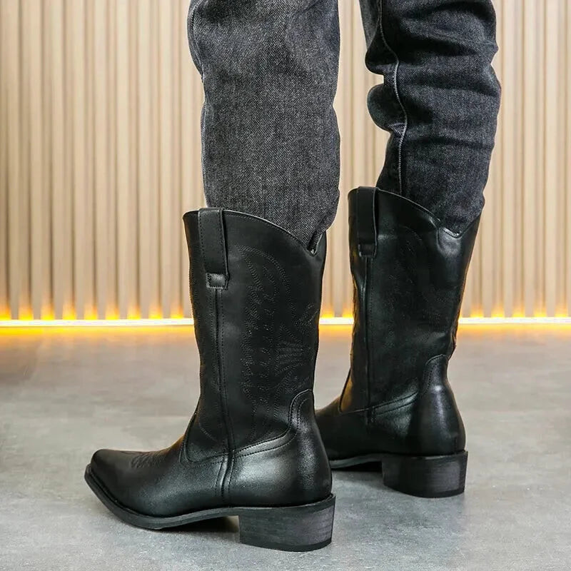 Chaussures santiags pour homme Yehaw noir, en cuir, avec détails traditionnels, idéales pour un style Western élégant.