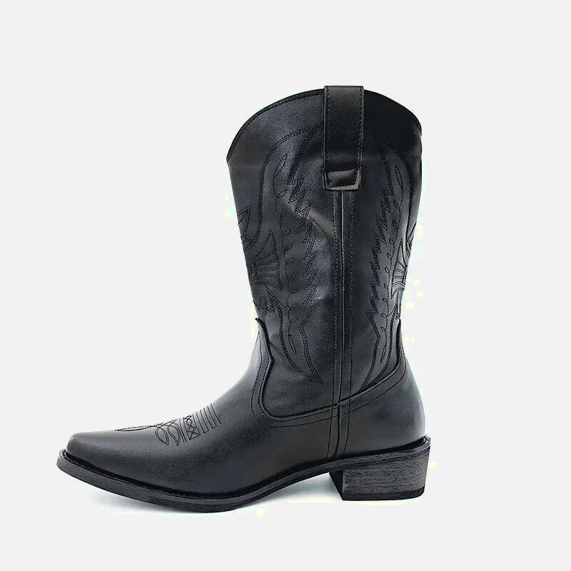 Chaussures masculines Yehaw Santiag noir pour homme, en cuir, avec détails élégants et semelle robuste.