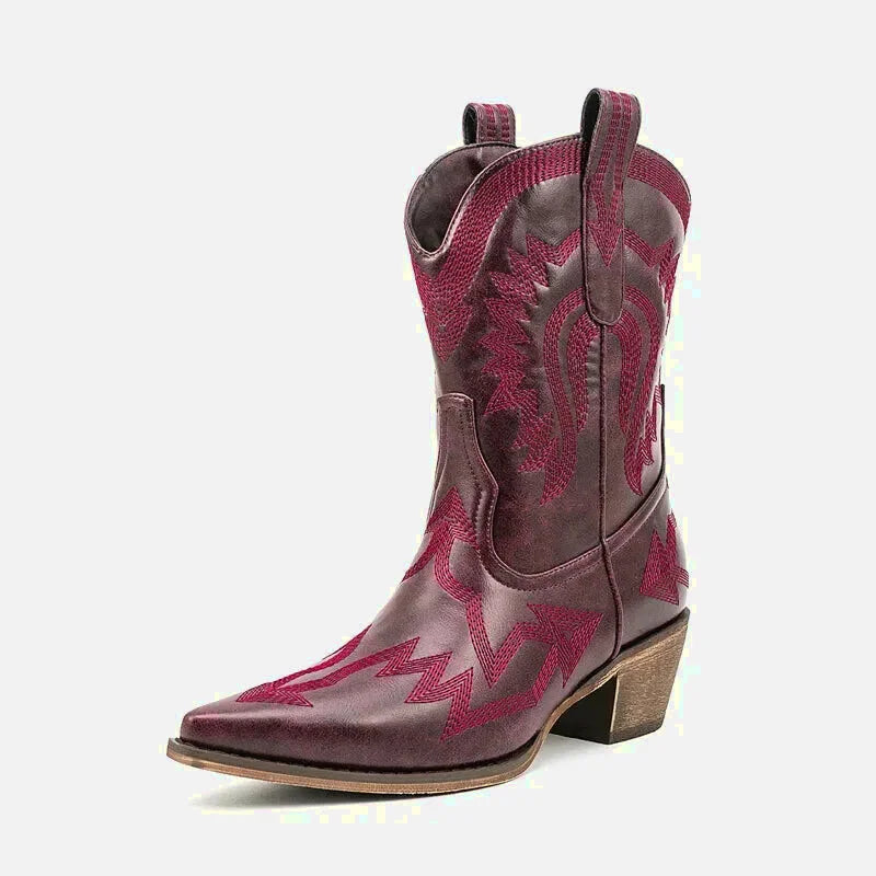 Chaussures santiag pour femme Yehaw Camila en rouge, détails visibles du talon et de la finition en cuir.